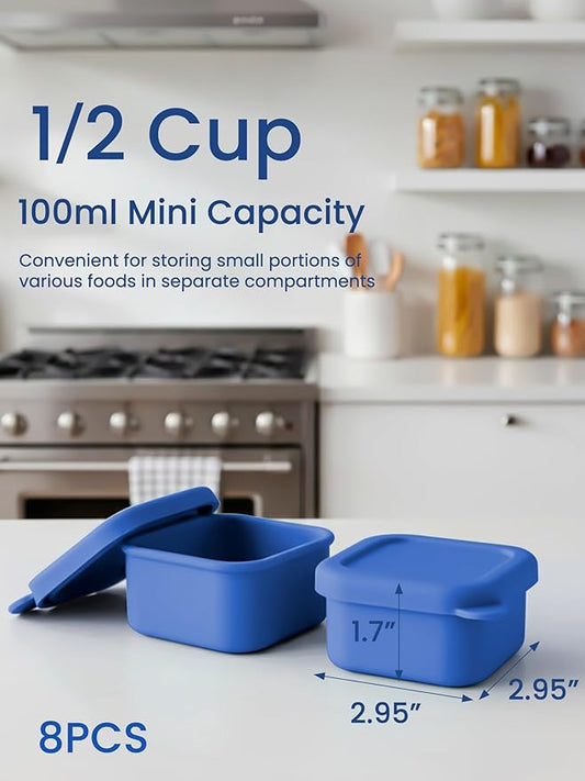 8 Pcs 1/2 Cup Silicone Freezer Molds With Lid, Silicone Freezer Trays for Sauce and Food Storage, Ice Cubes Molds, Small Portion Containers for Meal Prep, Nuts, Snacks, Dessert (Blue)