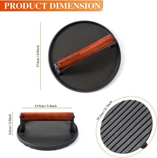 Brandon-super Heavy-Duty Cast Iron Smash Burger Press - Food Grade Press for Perfect Grill Marks, Stay-Cool Wood Handle, Griddle - Smash Burger, Hamburger, Burger Smasher for Griddle