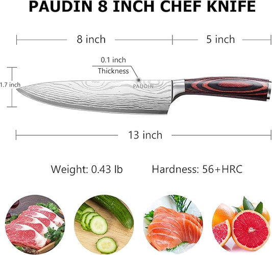 PAUDIN Chef Knife with Sheath- Pro Kitchen Knife 8 Inch Chef's Knives with High Carbon Stainless Steel, Sharp Japanese Knife with Ergonomic Handle for Home Kitchen Restaurant