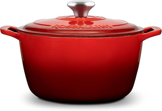 ROSSALLINI Signature Enameled Cast Iron Dutch Oven, Non-Stick Serving Pot with Tight Fitting Lid for Perfect Roasting, Baking, Sauteing, and Bread Making | 10Q (9.5L) - Red