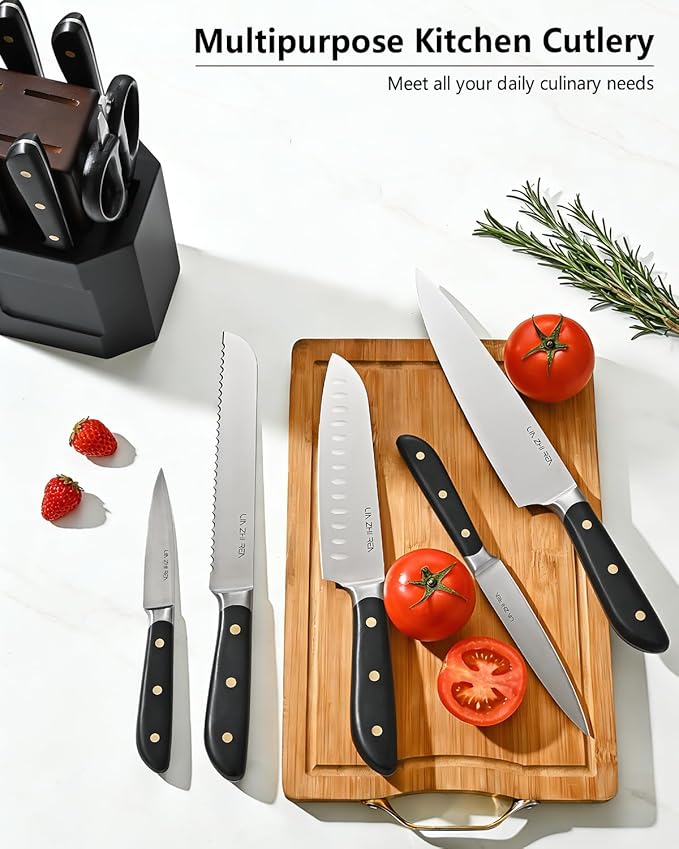 14-Piece Knife Block Set, High-Carbon Stainless Steel Dishwasher Safe Kitchen Knives Detachable Knife Holder, Includes Chef's, Santoku, Bread & Steak Knives (black)