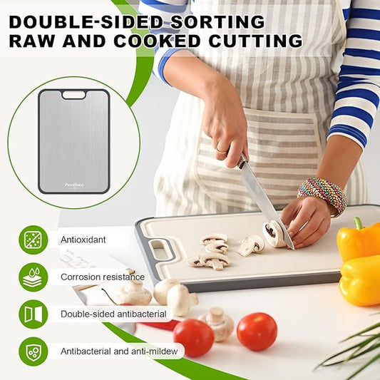 Titanium Cutting Board for Kitchen,2-in-1 Double Sided Food-Grade Pure Titanium&Wheat Straw PP,Non-Toxic,Non-Slip,Ideal for Meat,Fruit,Vegetables & Family Cooking ,Easy to Clean Large Size 15.2”×10.5”