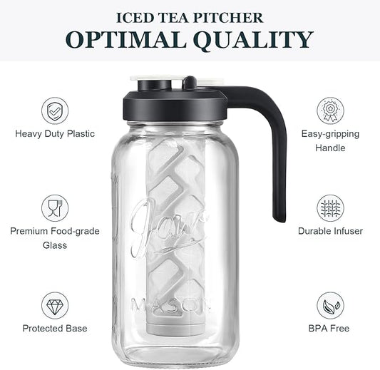 AOZITA Iced Tea Maker Pitcher with Infuser and Lid - 2 Quart Glass Mason Jar Pitcher Leak-proof Water Jug, Heavy Duty Glass Container for Tea, Water, Juice, Milk, Iced Coffee, and Drinks