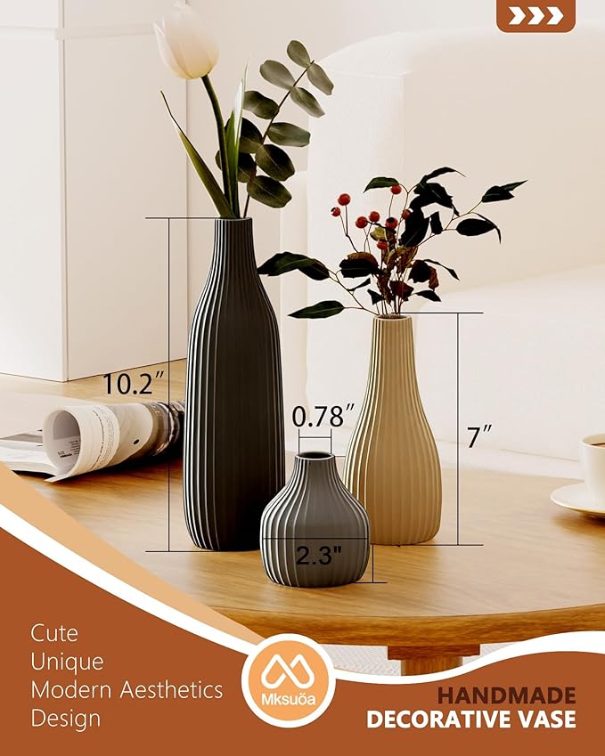 Decorative Flower Vase Set of 3 - Modern Boho Style Multicolor Vases, Ribbed Textures Ceramic Vase for Home Decor Shelf Bookshelf Mantle TV Stand Entryway Console, Dining Table Centerpiece Decor