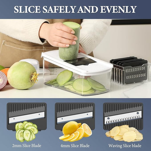 Ourokhome Vegetable Mandolin Slicer, Hand Safe Kitchen Food Shredder with 6 Mandoline Blades, Veggie Waffle Cutter for Potato, Carrot, Zucchini, Onion, Essential Kitchen Gadgets (6 in 1, White)