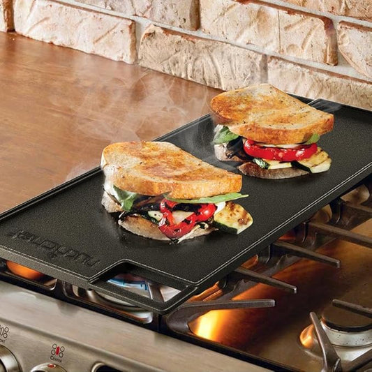 NutriChef Cast Iron Reversible Griddle 18x10 Inch – Pre-Seasoned Flat Top & Ridged Grill Side, Stove Top Griddle for Gas Grill, Outdoor & Indoor Cooking
