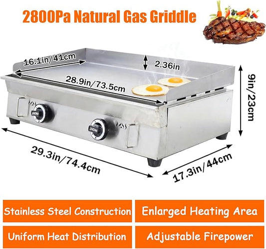 2000Pa Natural Gas Grill Griddle Stainless Steel Countertop Griddle 28.94" x 16.14" Hotplate BBQ Teppanyaki Adjustable Temperature Flat Cooking Griddle Grill for Commercial