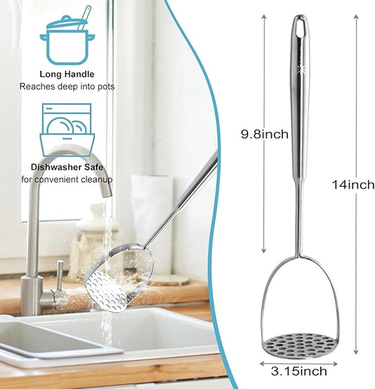 Potato Masher Stainless Steel - Mashed Potato Masher Kitchen Utensil,14" Potato Smasher For Potatoes, Bean, Vegetable & Fruits,Pet Food, Metal Avocados Smasher Tool, Dishwasher Safe, Christmas gifts