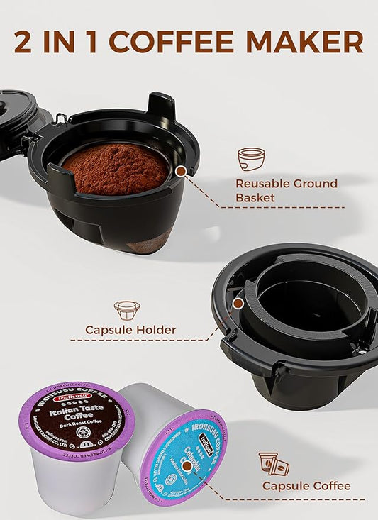 Kndko Single Serve Coffee Maker for K Cups and Ground Coffee, Capsule Coffee Machine, 6 to 14oz Brew Sizes, 40oz Removable Reservoir, Fast Brew, Compact Design, Travel Mug Friendly, Black