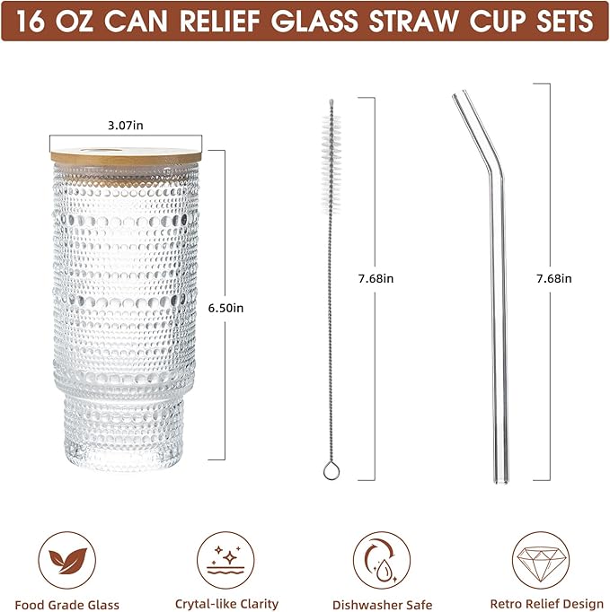 Drinking Glasses with Bamboo Lids and Glass Straw 8pcs Set,16oz Glass Tumbler Cups,Water Glasses,Iced Coffee Glasses,iced Tea Glasses,Beer Glasses,Ideal for Whiskey,2 Brushes