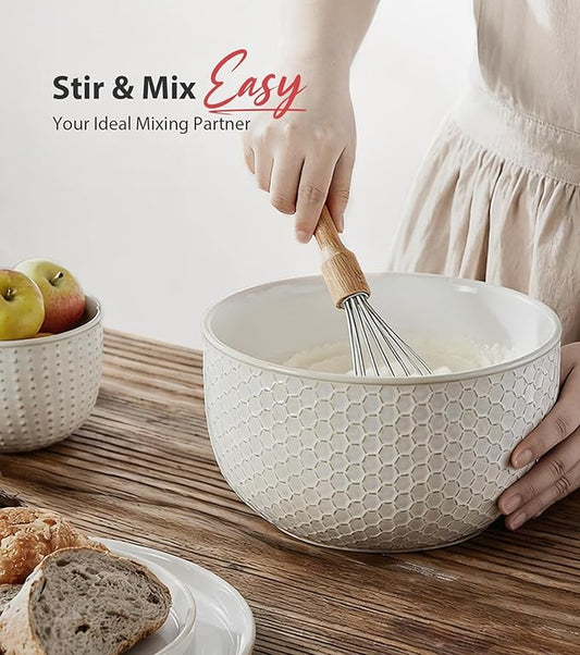 Lareina Ceramic Large Mixing Bowls Set of 4, Nesting Bowls for Cooking, Baking, Salad Etc, Serving Bowls Gift, Kitchen Stoneware, Oven, Microwave and Dishwasher Safe - 20/44/98/145 OZ, Ivory White