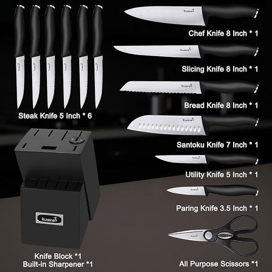 KUISINE Upgraded Chef Knife Set,High Carbon Stainless Steel Ultra Sharp Blade Ergonomic Handle,Kitchen Knife Block Set with Built-in Sharpener,Elegant Gift for Holiday(Silver Black,15PCS)