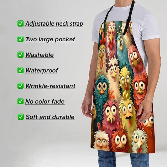 Cartoon Chickens Apron for Women, 28x33in, Kitchen Chef Aprons with 2 Pockets, Polyester, Colorful Chicken Faces Apron for Cooking BBQ Baking Gardening Chef, Gifts for Mom Wife Dad