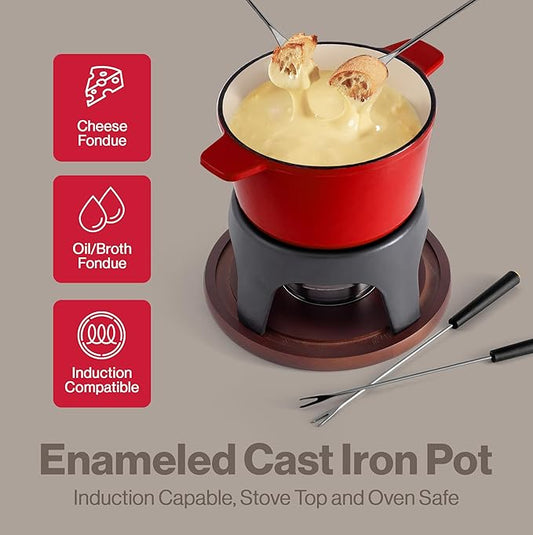 Swissmar Sierra Cast Iron Fondue Set, 1.6 Quart / 1.6 Liter – Perfect for Meat, Cheese, & Chocolate Fondues – Ideal for Family Bonding & Hosting Gifts - 12-Pieces, Cherry Red