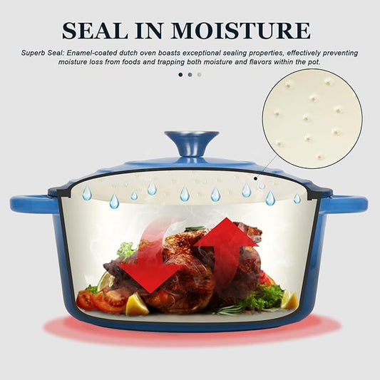 Overmont Enameled Cast Iron Dutch Oven - 5.5QT Pot with Lid Cookbook & Cotton Potholders - Heavy-Duty Cookware for Braising, Stews, Roasting, Bread Baking blue