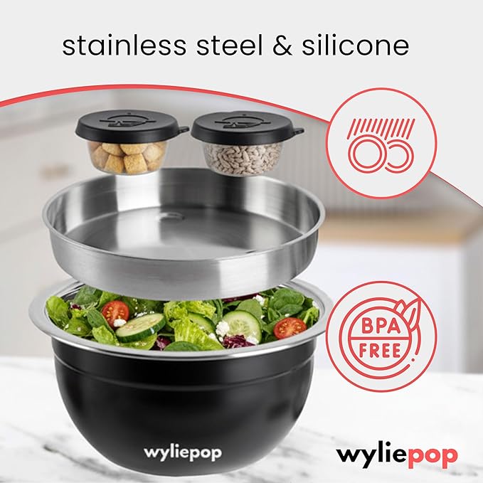64oz Stainless Steel Salad Bowl Kit & 3Pcs Bamboo Cutlery Set with 2x Condiment Containers, Insert Tray, Bowl & Leakproof Lid - Salad Bowl To Go Lunch Portable Reusable