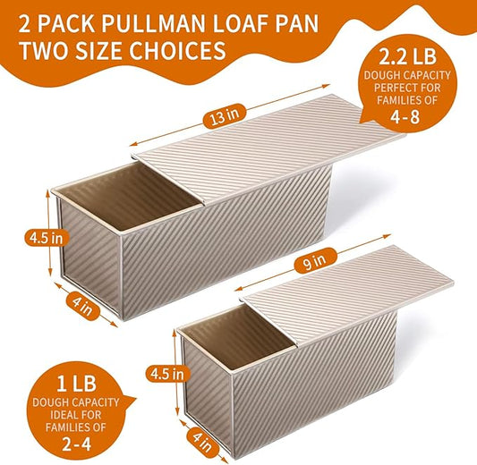 PADELE 2 Pack Pullman Loaf Pan with Lid, 13x4 & 9x4 inch (2.2 lb & 1 lb Dough Capacity), Non-Stick Sandwich Bread Loaf Pan for Homemade Baking Bread, Gold