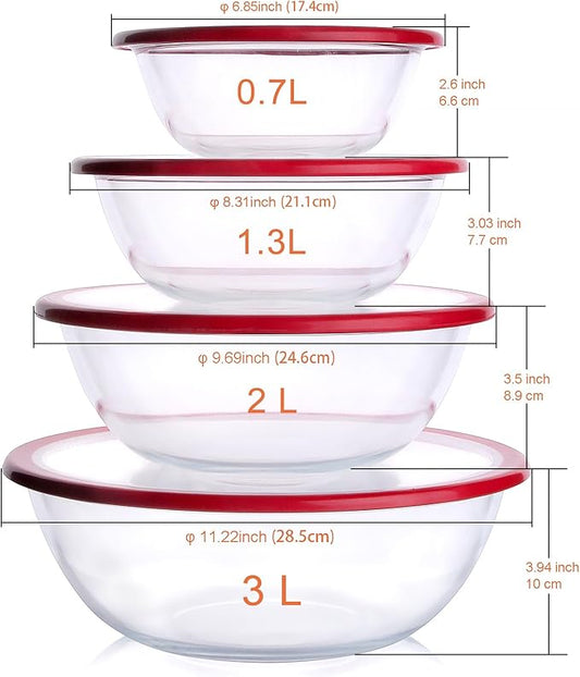 HUSANMP Glass Mixing Bowl with Lids Set, 8 PCS Glass Salad Bowls for oven. Microwave and Dishwasher Safe (0.7L + 1.3L + 2L + 3L)