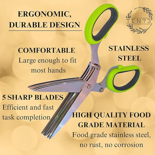 2-in-1 5-Blade Herb Scissors & Herb Stripper Set | 10-Hole Leaf stripper Stem Remover + Stainless Steel Herb Shears with Safety Cover & Cleaning Comb | Dishwasher Safe Kitchen Tool for all Herbs
