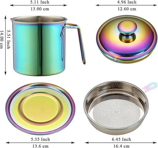 Berglander Rainbow Bacon Grease Container With Strainer 47oz, Titanium Colorful Plating Stainless Steel Oil Storage Container with Fine Mesh Strainer Dust-proof for Storing Frying Oil, Cooking Fat