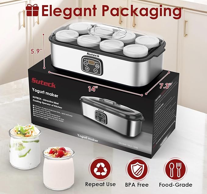 Suteck Yogurt Maker - Stainless Steel Yogurt Makers with Adjustable Time & Temp Control,Automatic Shut-Off & Constant Temper for Homemade Greek, Probiotic Yogurt, BPA-Free 8 Glass Jars (48 oz), Black