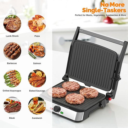 Electric Panini Press Grill and Sandwich Maker / 8.5" x 11" Non-Stick Coated Plates, Opens 180 Degrees to Fit Any Type or Size Food, Dishwasher Safe, Sliver