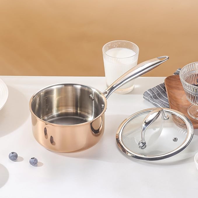 KC-Emier 1-Quart Saucepan with Lid, Tri-Ply Stainless Steel Pot with Stay-Cool Handle & All Cooktop Compatibility (Gas, Ceramic, Electric) - Copper