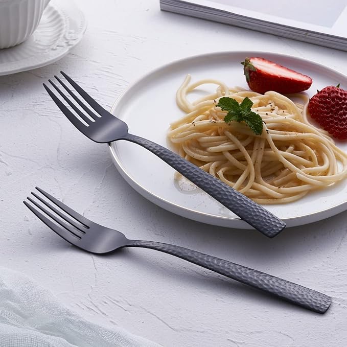 Matte Black Dinner Fork Set of 6, 8.0 inches Stainless Steel Black Silverware, Metal Hammered, Satin Finish