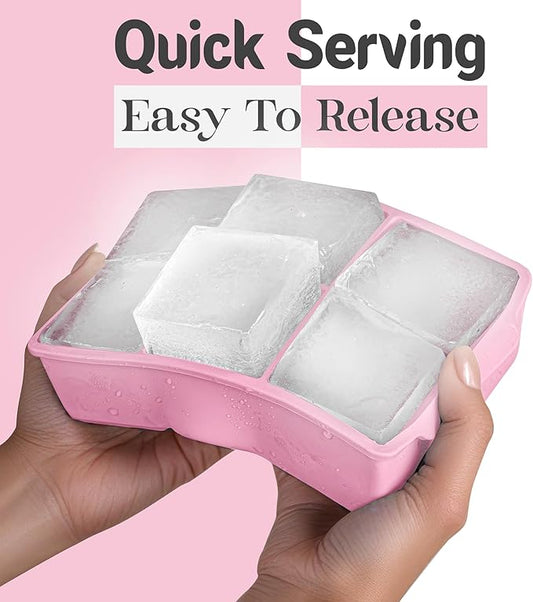 KitchFort Large Silicone Ice Cube Tray (2-Pack), Easy Release 2" Big Ice Cubes - Cocktail, Whiskey Ice Cubes Mold - Ice Trays for Freezer with Lid - Stackable Silicone Ice Tray - Pink