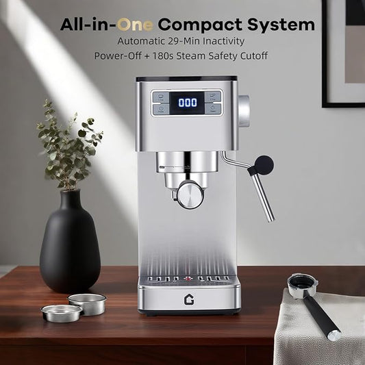 Takywep 20 Bar Professional Espresso Machine with Steam Milk Frother, Stainless Steel Home Coffee Maker, Compact for Kitchen Counter with Removable Water Tank, Silver