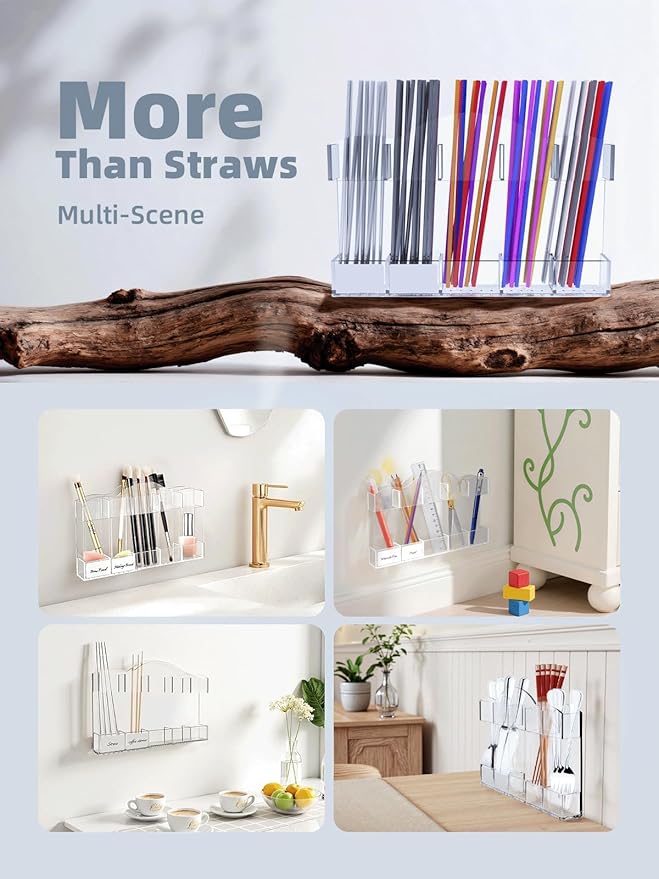 9.8" Acrylic Straw Holder for Cabinet Door - Straw Organizer with Ultra-Sticky Adhesive, Kitchen & RV Essensials, 5-Compartment Storage for Reusable Straws & Brushes, Colored Pencils, Markers