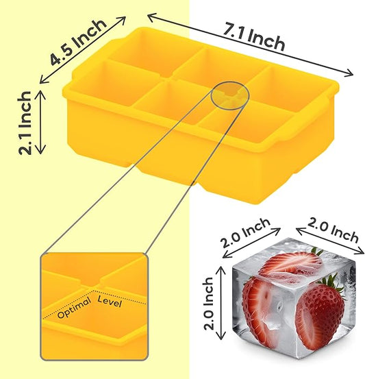 KitchFort Large Silicone Ice Cube Tray (2-Pack), Easy Release 2" Big Ice Cubes - Cocktail, Whiskey Ice Cubes Mold - Ice Trays for Freezer with Lid - Stackable Silicone Ice Tray - Mustard Yellow