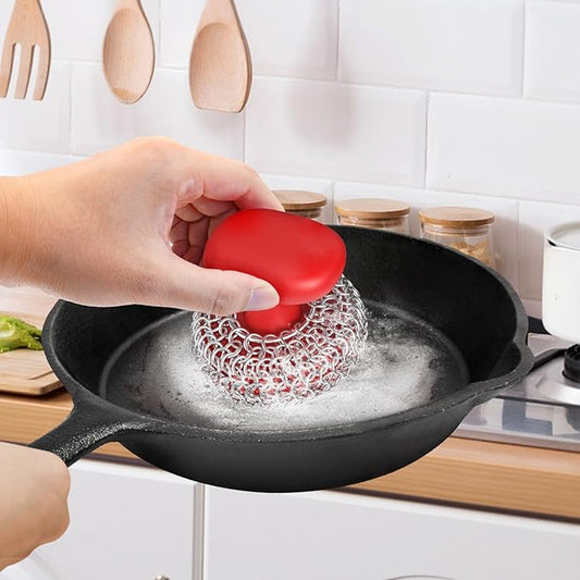 Purgreat Cast Iron Scrubber | Dish Scrub Brush | 316 Cast Iron Cleaner Chainmail Scrubber for Pan Skillet Cleaner - Red