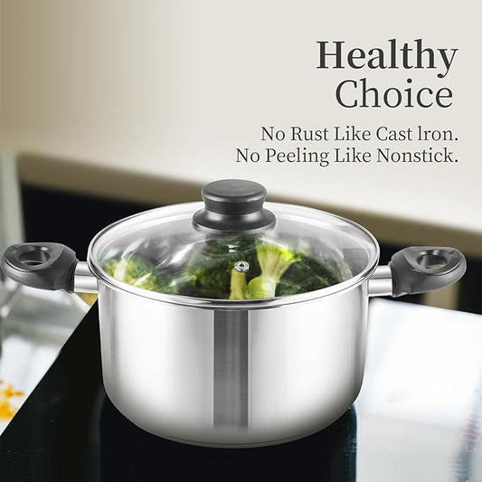 6-Piece Stainless Steel Cookware Set with Glass Lids, Stay-Cool Handles | Fry Pan, Saucepan, Sauce Pots | Compatible with Induction, Electric, Gas Stovetops | PFOA-Free, Dishwasher Safe