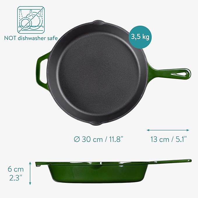 Navaris Enameled Cast Iron Skillet - 12"(30cm) Pre-Seasoned Frying Pan with Helper Handle, Pour Spouts, for Oven, Stovetop, Grill & Campfire, Non-Toxic, Even-Heating, Green