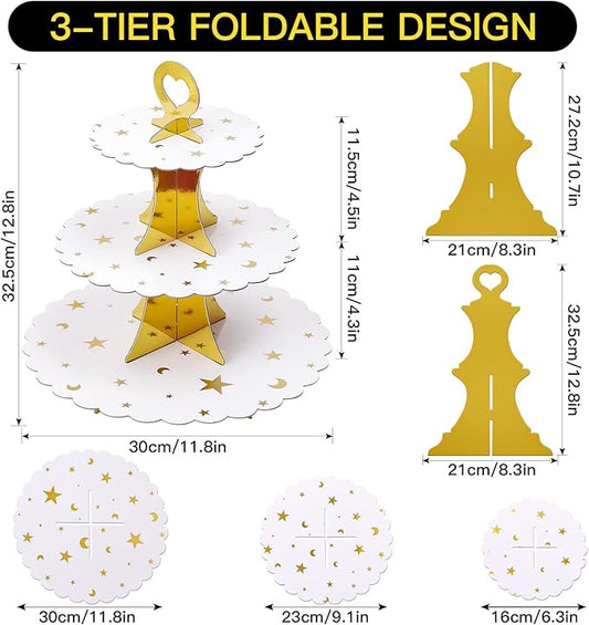 Soleebee 3-Tier Cupcake Stand, Cardboard Cupcake Tower, Dessert Cup Cake Stand Tower for Birthday Wedding Party Decoration, Cupcake Tier Stand 1 Set (Gold Moon and Star)