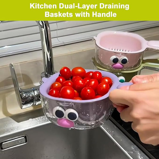 Kitchen Dual Layer Draining Basket with Handle,Double Drain Plastic Fruit Washing Bowl, Handy Mini Berry and Tomato Washer, Fruit Storage Container (White)