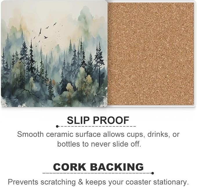 6PCS Forest Drink Coasters, Square Modern Ceramic Absorbent Coasters, Watercolor Style Nature Mountain Woodland Green Forest Flying Birds Decor Desk Coffee Table Coaster for Beverage Cup Tea Coasters