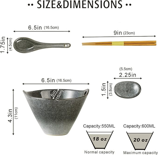 UNICASA Japanese Ramen Bowl Set with Chopsticks, Spoons and Rests, 20oz Deep Porcelain Noodle Bowl Set of 2 for Udon, Pho, Salad, Soup (Reactive Gray)