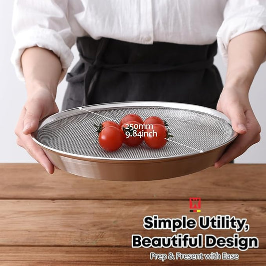 Stainless Steel Mesh Tray Set with Drip Pan, Air Fryer Basket and Tray, Kitchen Colander, Vegetable and Fruit Strainer, Food Filter, BBQ Prep Tool, Fruit Serving Dishes (9.84 inch)