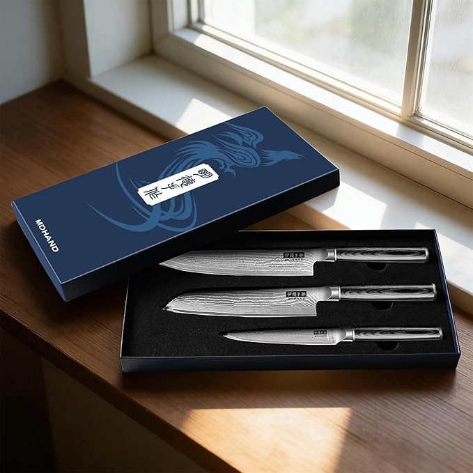 MDHAND Damascus Knife Set, 3PCS Ultra Sharp 10Cr15CoMoV Super Steel Japanese Kitchen Knife, Professional Chef Knife Set with Black Pakkawood Handle, Including Chef, Santoku & Paring Knife, Elegant Box