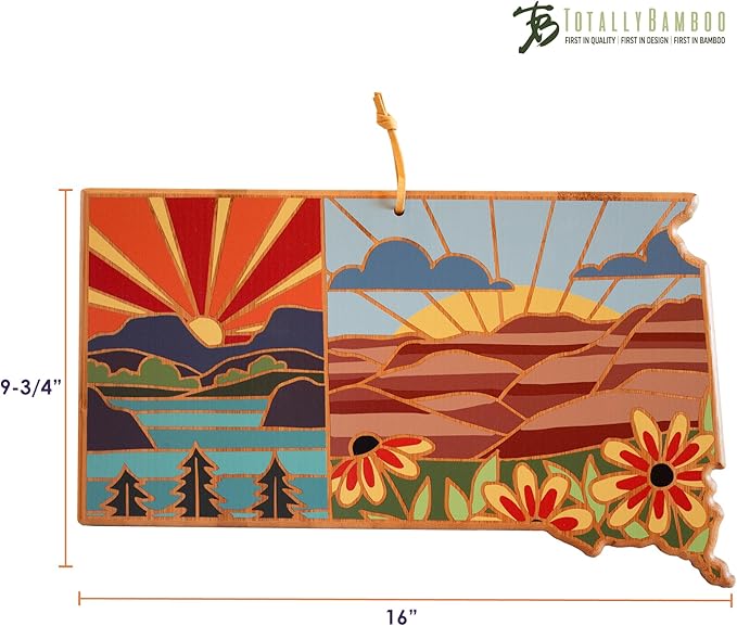 Totally Bamboo South Dakota State Shaped Cutting Board and Charcuterie Serving Platter with Artwork by Summer Stokes, Includes Hang Tie for Wall Display