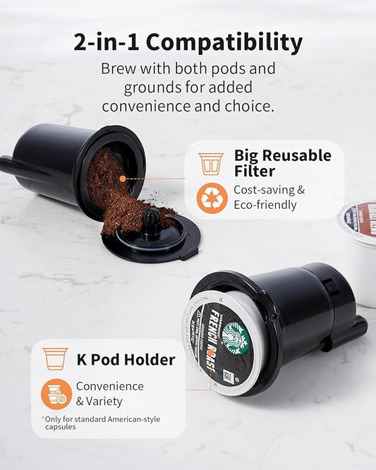 KIDISLE Hot & Iced Coffee Maker with Bold Setting, Single Serve Coffee Maker for K Cup and Grounds, 6-14 Oz Brew Sizes, 50 Oz Removable Water Tank, One Cup Coffee Machine with Reusable Filter, Black