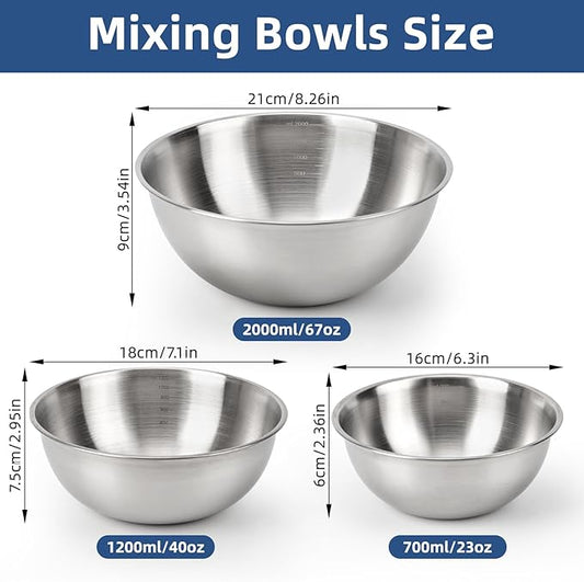 3-Set Stainless Steel Mixing Bowls Set (6.3"+7.1"+8.26"), Metal Bowl Sets with Measurement Marks, Dishwasher Safe & Stackable - Perfect for Baking, Salad Making, Meal Prep and Kitchen Use