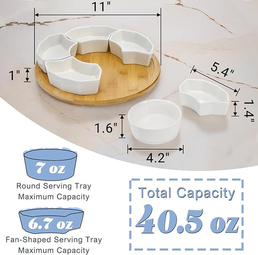 SOUJOY 11'' Lazy Susan Serving Tray, Porcelain 360° Rotatable Serving Tray and Platters, Removable Divided Serving Dishes, Party Relish Bowl for Chip, Dip, Veggies, Candy and Snack, Cheese, 7 Pieces