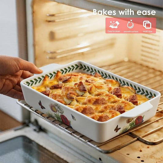 ACMLIFE Ceramic Casserole Dish for Oven, Floral Baking Dishes for Oven Lasagna Pan, Large Baking Dish with Handles, Durable and Oven Safe Pan, for Roasting and Baking, Gift Packaging 2 Pcs Set(13"x8"+10.3"x6.3") (Iris)