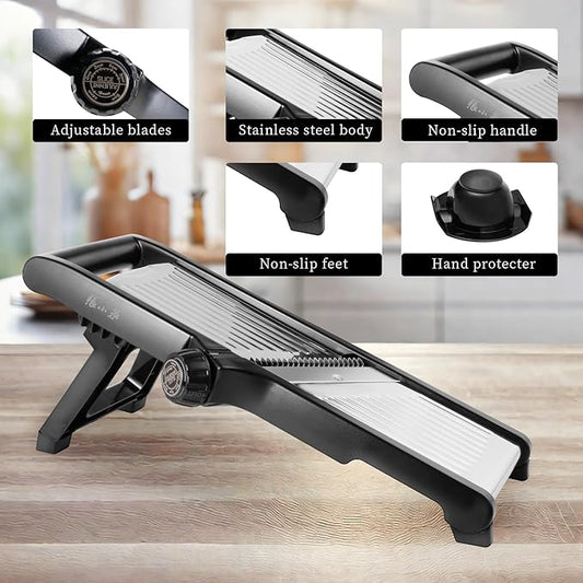 Adjustable Mandoline Slicer for Kitchen - Stainless Steel Vegetable Slicer Julienne Cutter with Ultra Sharp Blades 5-in-1 Vegetable Shredder for Onion, Potato Chip, French Fry