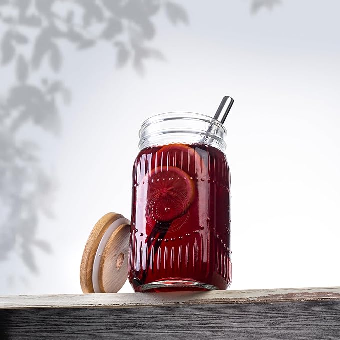 Amzcku 32oz vintage Mason Jars with Bamboo Lids and Stainless Steel Straws -Wide Mouth Quart Canning Jar, Reusable 32oz Boba & Smoothie Cups (2-Pack)