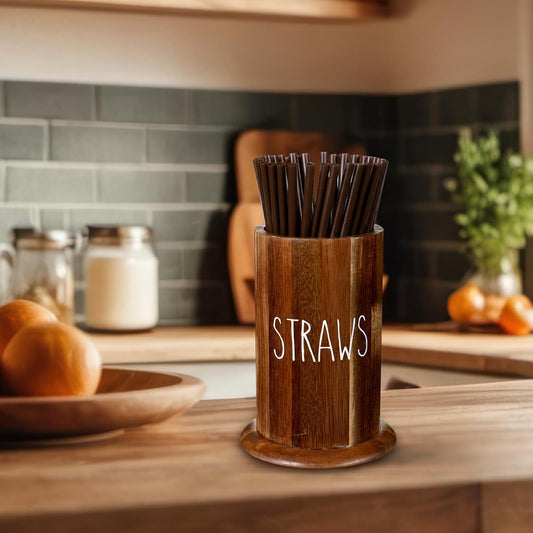 LemonRoad Straw Holder Dispenser Acacia Wood Straw Holder for Counter Large Utensil Organizer for Kitchen Flatware and Spatula Storage Organizer for Coffee Bar Party Countertop Pantry and Bathroom