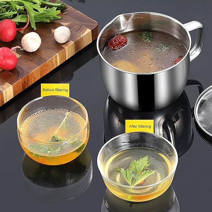 Stainless Steel Fat Separator 4 Cup/1000ML Gravy Grease Separator with Strainer and Glass Lid, Soup Oil Separator Cup for Cooking, Oil Soup Separator Strainer Pot for Kitchen